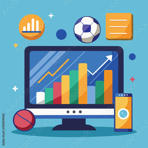 a colorful illustration depicting a computer screen displaying data charts alongside sports icons and a mobile phone for digital analysis