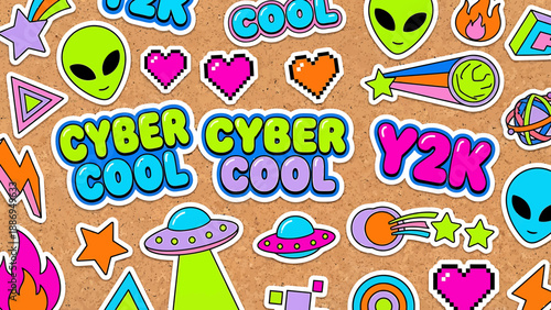 Vibrant Cyber Cool Sticker Collection with Retro Futuristic Elements.