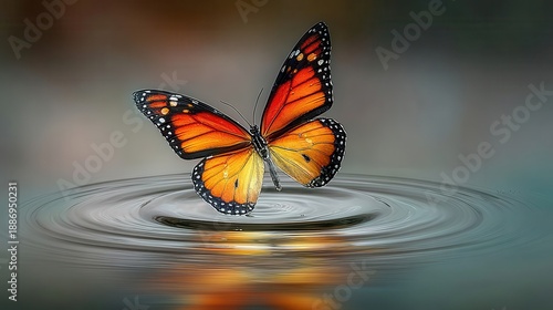 Vibrant butterfly poised above rippled water.