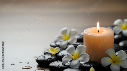 Spa wellness scene with burning candle, black massage stones and white plumeria flowers on wooden surface for relaxation and meditation therapy.