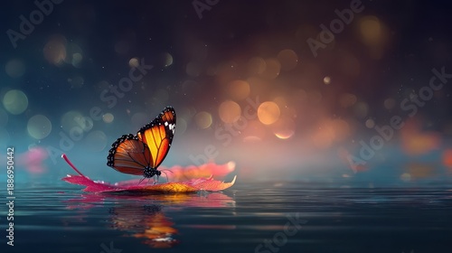 A monarch butterfly rests on a leaf, reflecting on calm water, with a soft bokeh background.
