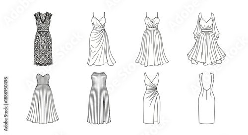 Collection of various cocktail and evening dress silhouettes including lace patterns pleated skirts and draped necklines feminine fashion design sketches for apparel manufacturing and boutiques
