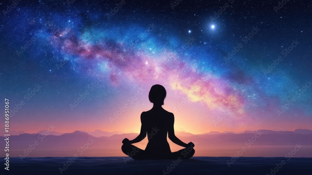 Fototapeta premium Serene Silhouette of a Meditating Figure Under the Cosmic Night Sky with Stars and Galaxy Reflection over Calm Waters