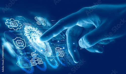 Hand Interacting with Artificial Intelligence: A hand interacts with an array of futuristic AI interfaces. This imagery symbolizes the human connection to technological advancement and automation.