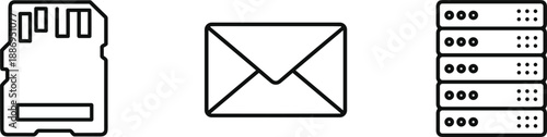 Data communication outline icons set showing memory card email envelope and server rack technology vector illustration
