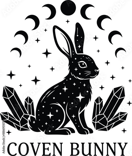 Coven bunny witchy logo with moon phases rabbit illustration mystical occult vector design magical gothic aesthetic symbol branding