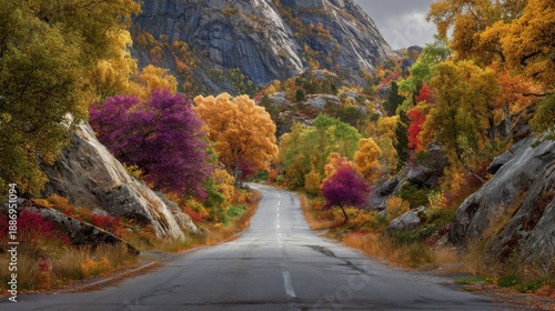 an ultra realistic Photograph of a road at the most beautiful landscape in multi colors of the Four seassons
