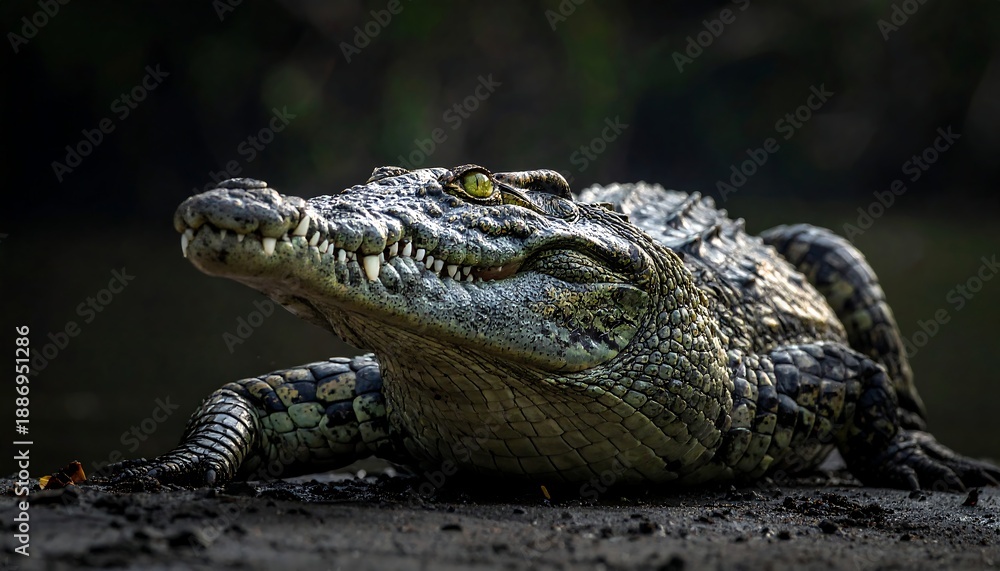 Fototapeta premium Close-up of a crocodile resting in the shadows.