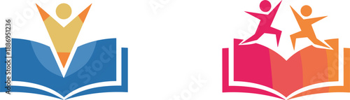 Education logo set with abstract people rising from open book learning knowledge community growth vector illustration design