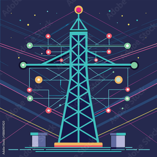 a colorful illustration depicting a stylized power transmission tower with connected nodes and lines against a dark blue starry background
