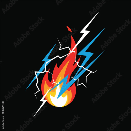 Dynamic illustration of vibrant red and orange flames clashing with powerful blue and white lightning bolts on a dark background, symbolizing energy, conflict, and raw power.
