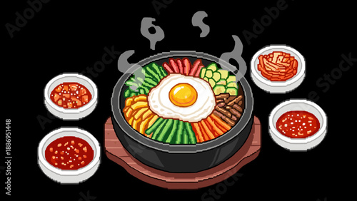 Pixel art bibimbap with fried egg and side dishes, a vibrant Korean meal illustration