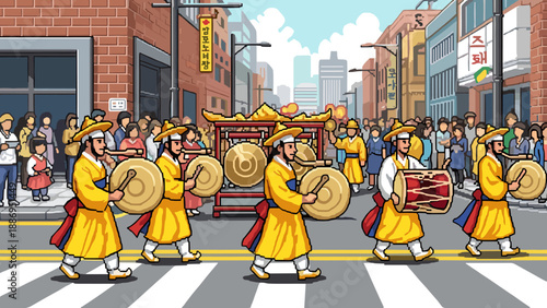 Pixel art Korean traditional parade with musicians playing drums and gongs on a street