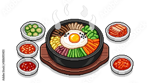 Pixel art bibimbap with side dishes and steaming hot pot, isometric view