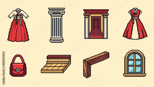 Pixel art collection of traditional Korean clothing, architectural elements, and accessories