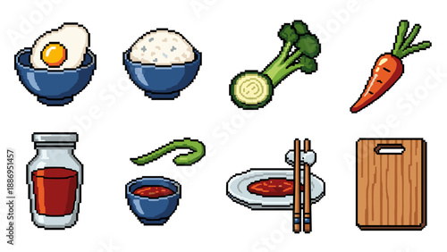 Pixel art collection of food ingredients and cooking utensils for a meal
