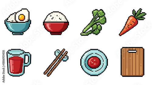 Pixel art collection of Japanese food and kitchen items, perfect for digital design