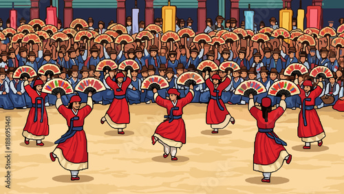 Traditional Korean fan dance performance with dancers in red and blue costumes and audience watching