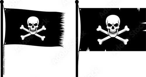 Vector illustration set featuring tattered waving black pirate flags with skull and crossbones for adventure and maritime designs