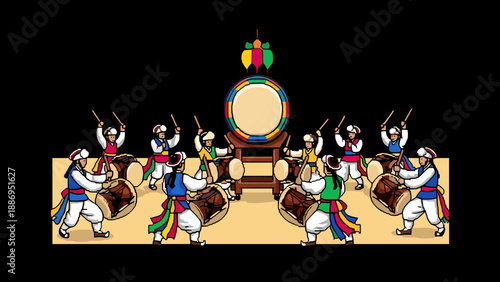 Traditional Korean drummers in colorful costumes perform a lively festival dance with large drums