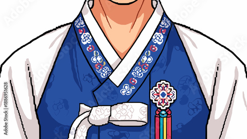 Traditional Korean hanbok garment with intricate floral embroidery and decorative knot