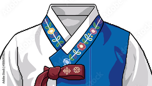 Traditional Korean Hanbok with embroidered floral collar and ribbon detail