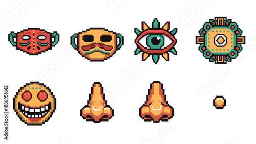 Collection of pixel art icons featuring masks, eyes, noses, and geometric shapes