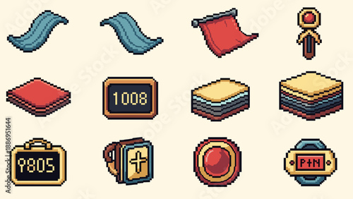 Collection of pixel art icons for games and applications, featuring various objects