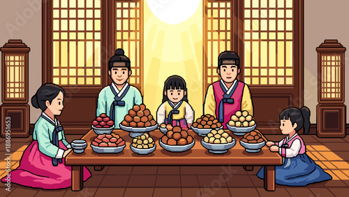 Korean family in traditional hanbok celebrating a holiday with abundant food offerings