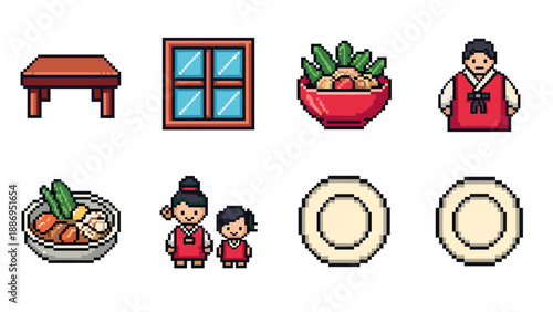 Pixel art icons of Korean culture, food, and people for digital design
