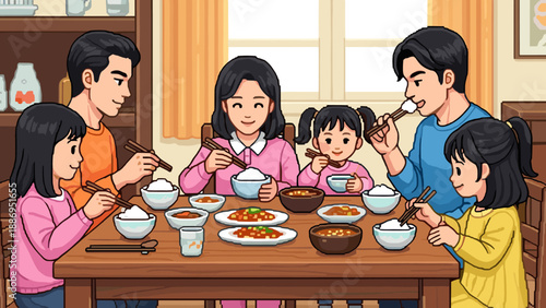 Happy family enjoying a traditional meal together at the dining table, sharing food