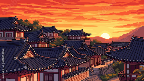 Pixel art Korean traditional village at sunset with vibrant orange sky and mountains