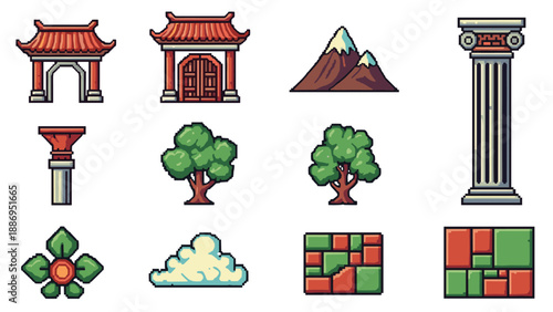 Collection of pixel art assets for game development, including buildings and nature elements