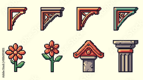 Collection of pixel art architectural elements and nature icons in retro style