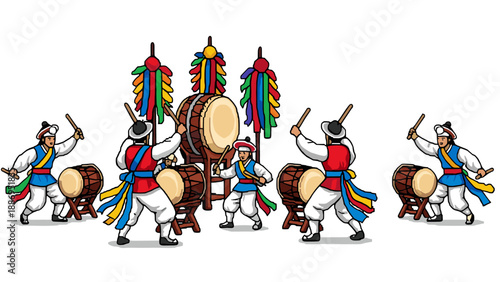 Traditional Korean drummers in colorful costumes perform a lively festival dance with large drums