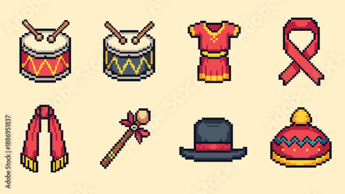 Pixel art collection of festive and celebratory items in red and yellow tones