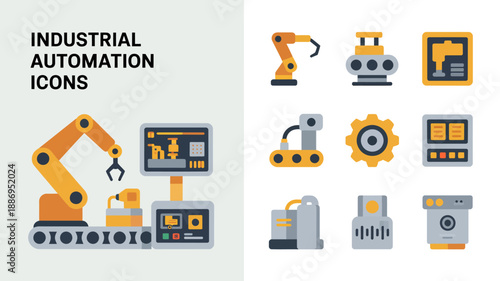 a collection of industrial automation icons depicting robotic arms control panels gears and various factory machinery components in a flat design style high quality professional detailed