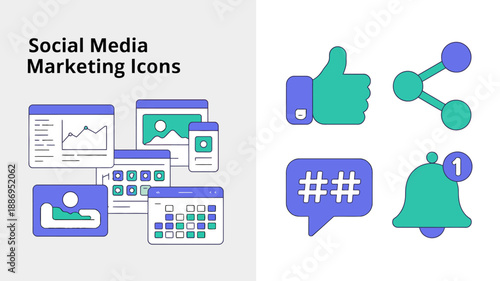 a visual representation of social media marketing showcasing icons like thumbs up shares hashtags and notification bells alongside device screens high quality professional detailed modern elegant