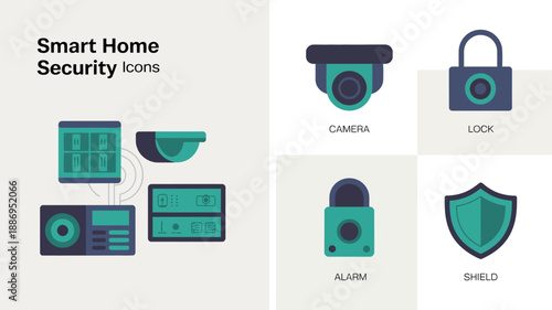 a visual representation depicting various smart home security elements showcasing icons for cameras locks alarms and protective shields for enhanced safety high quality professional detailed modern