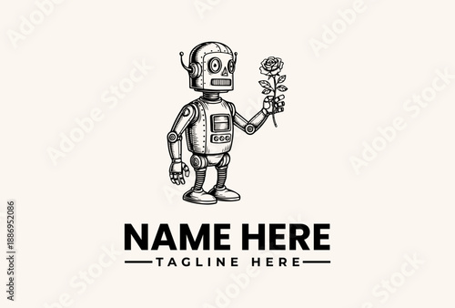 A robot holding a rose with a logo on its chest and a tagline placeholder in a simple, illustrative style against a clean background.