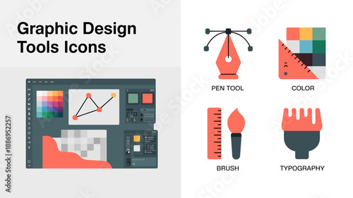 a visual representation showcasing essential graphic design tools including a pen tool color palettes brush typography and a design workspace interface high quality professional detailed modern