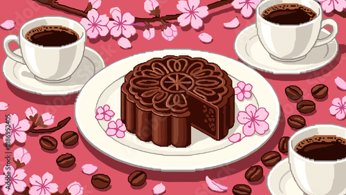 Pixel art chocolate mooncake with coffee and cherry blossoms, a delightful treat