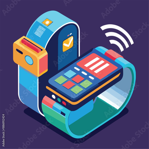 a colorful illustration depicting a smart watch and smartphone wirelessly connecting for secure mobile payment transactions and digital convenience