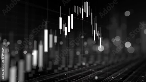 Abstract dark background with glowing bokeh and candlestick chart lines