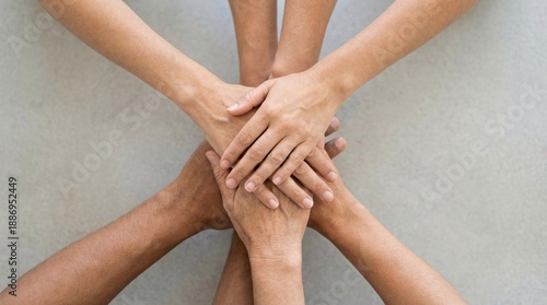 Diverse hands stacked together, symbolizing strong teamwork, unity, and collaborative effort among a supportive group