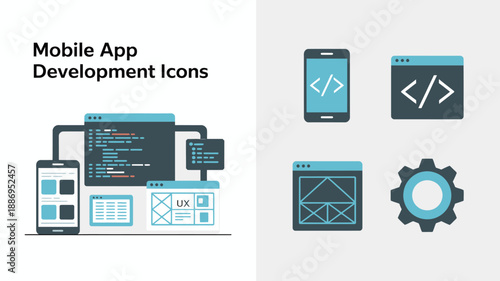 this image displays a collection of mobile app development icons featuring coding brackets smartphones laptops and gear symbols illustrating digital creation high quality professional detailed modern