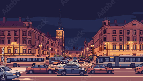 Pixel art city street at night with traffic and illuminated buildings