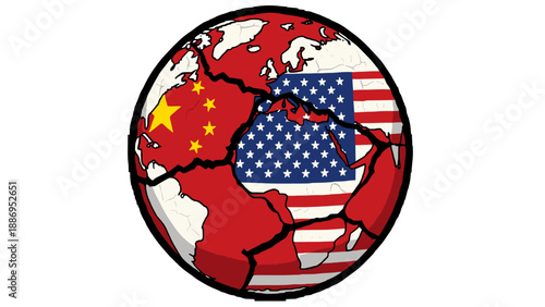 Cracked Earth Globe Divided Between China and USA Flags Symbolizing Global Conflict
