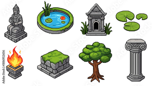 Collection of isometric pixel art assets for game development and design