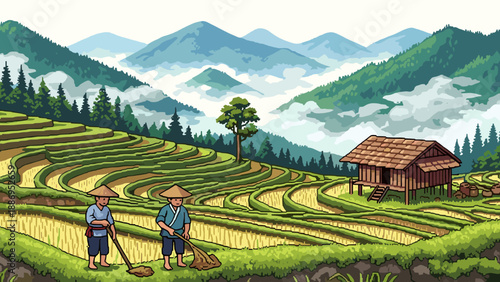 Farmers working on lush green rice terraces in a mountainous landscape with a traditional hut